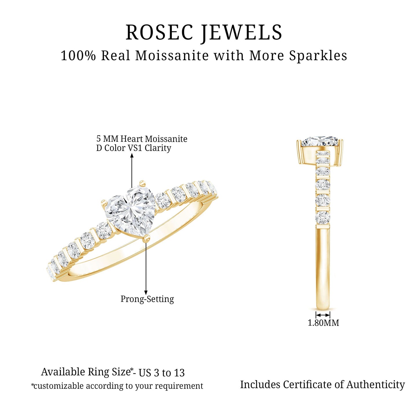 Certified 5 MM Moissanite Heart Engagement Ring with Side Stones