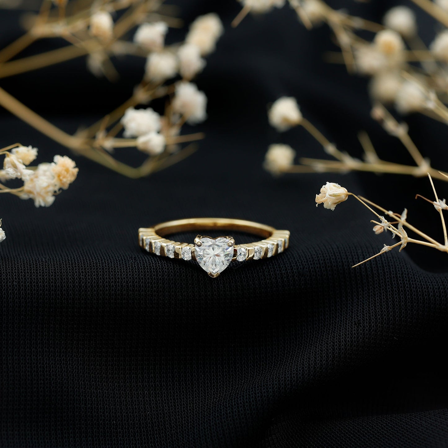 Certified 5 MM Moissanite Heart Engagement Ring with Side Stones