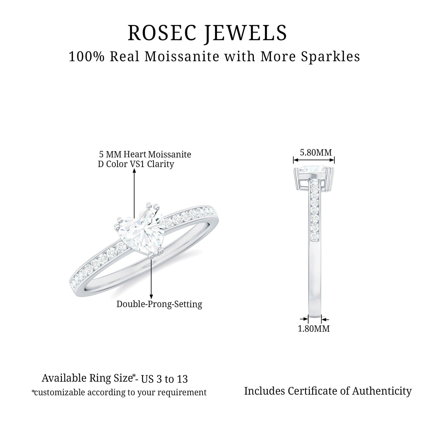 Solitaire Moissanite Heart Promise Ring with Side Stones