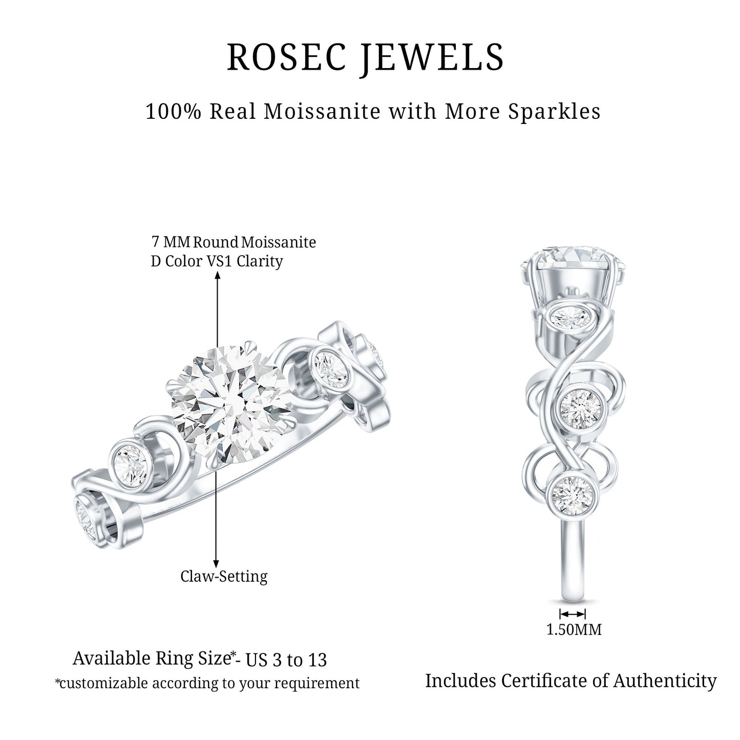 Certified Moissanite Engagement Ring with Ivy Scroll Shank