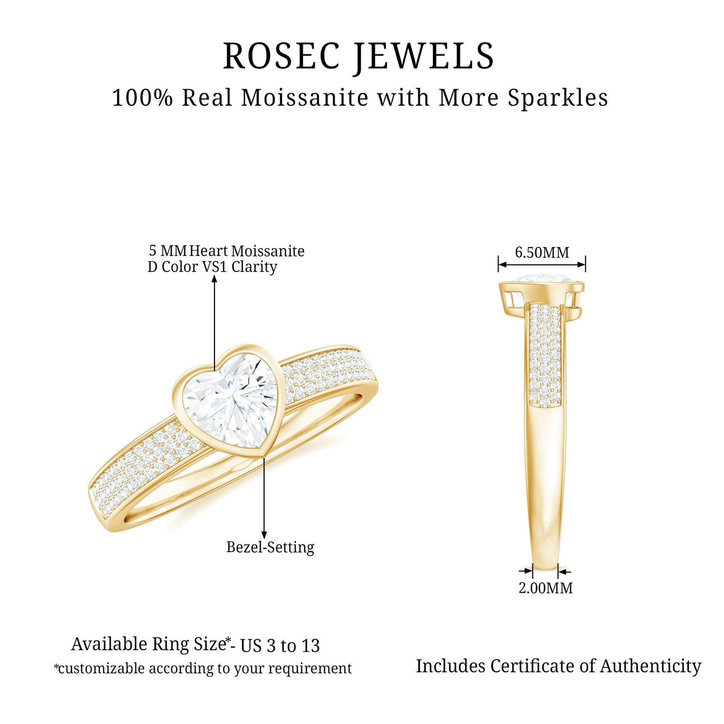 Bezel Set Moissanite Heart Shaped Engagement Ring with Side Stones