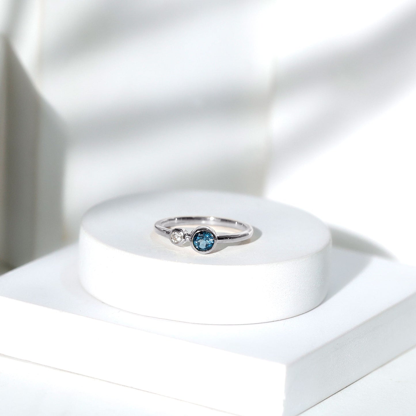 Round London Blue Topaz and Lab Diamond Two Stone Promise Ring For Her