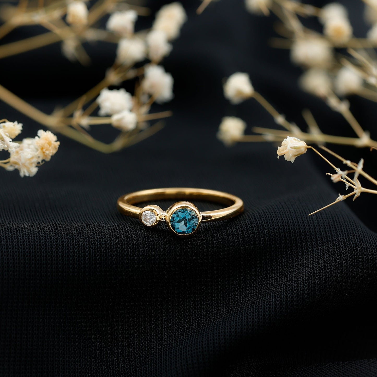 Round London Blue Topaz and Lab Diamond Two Stone Promise Ring For Her