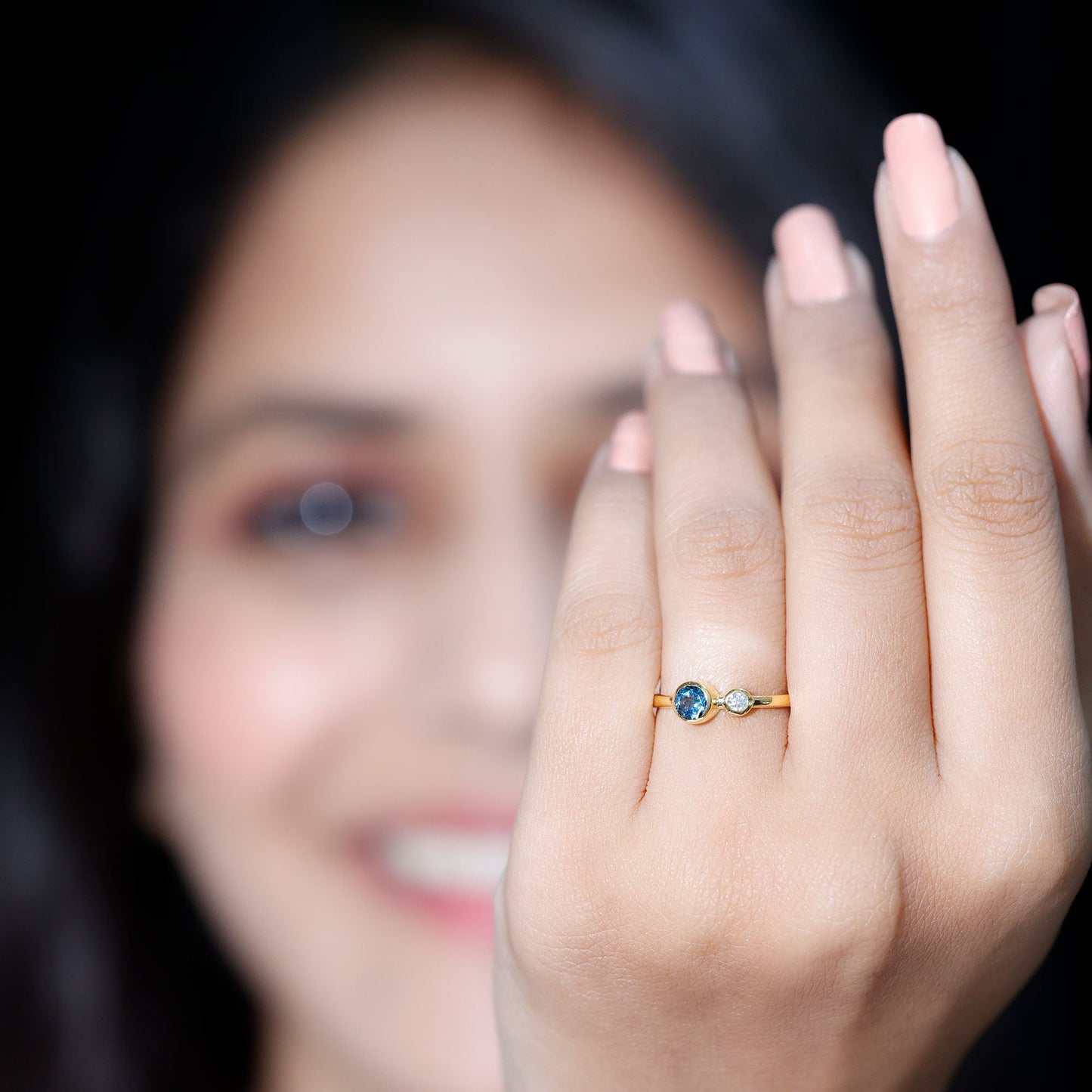 Round London Blue Topaz and Lab Diamond Two Stone Promise Ring For Her