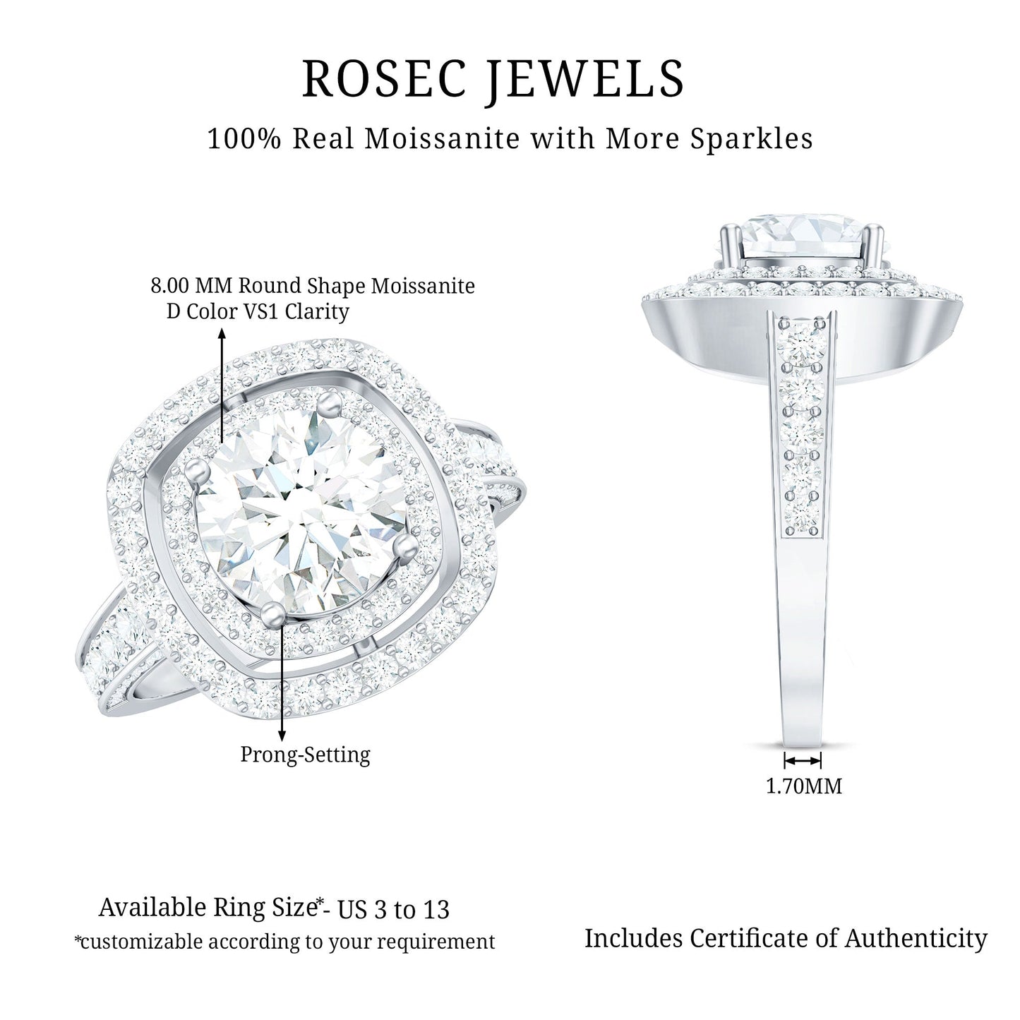 2 Carat Round Shape Moissanite Double Halo Statement Ring