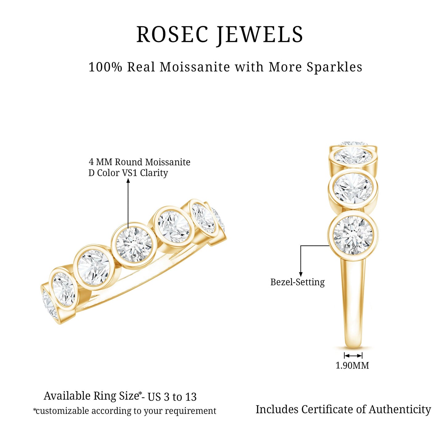 Round Moissanite Half Eternity Ring in Bezel Setting