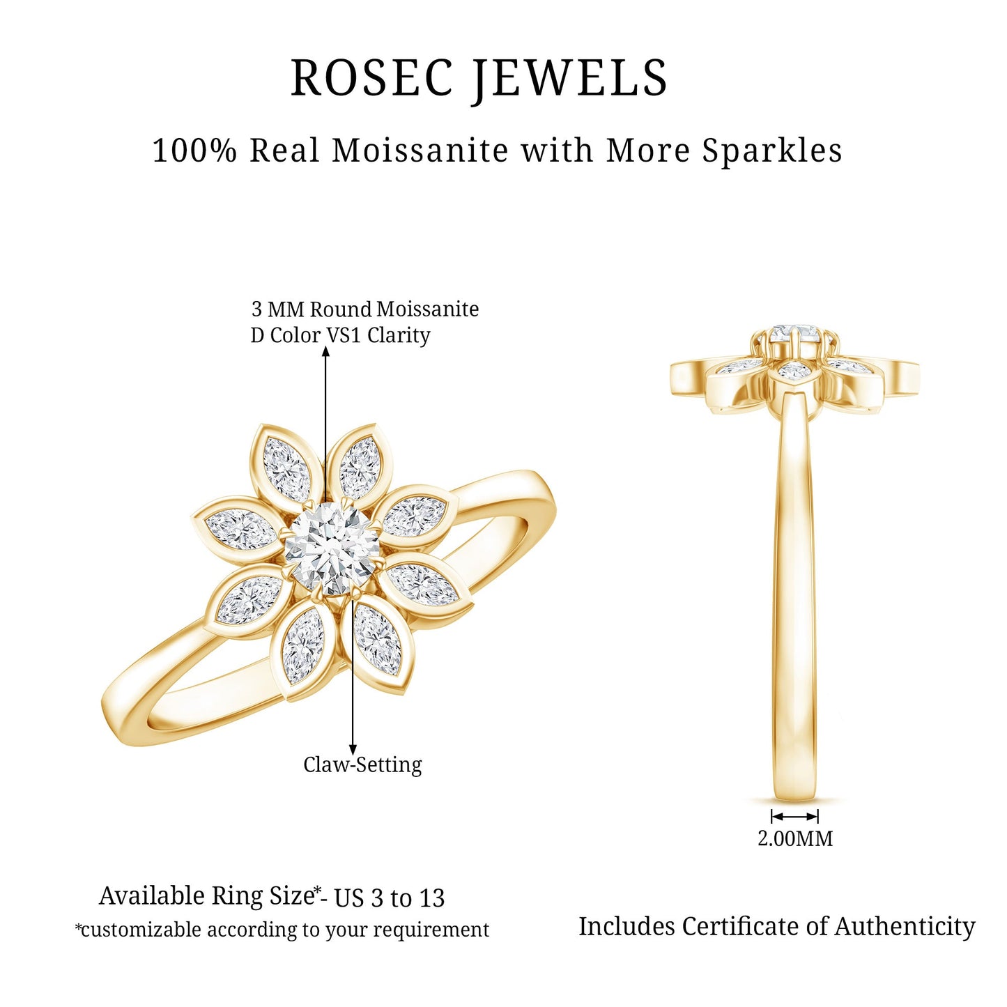 Certified Moissanite Flower Engagement Ring For Her