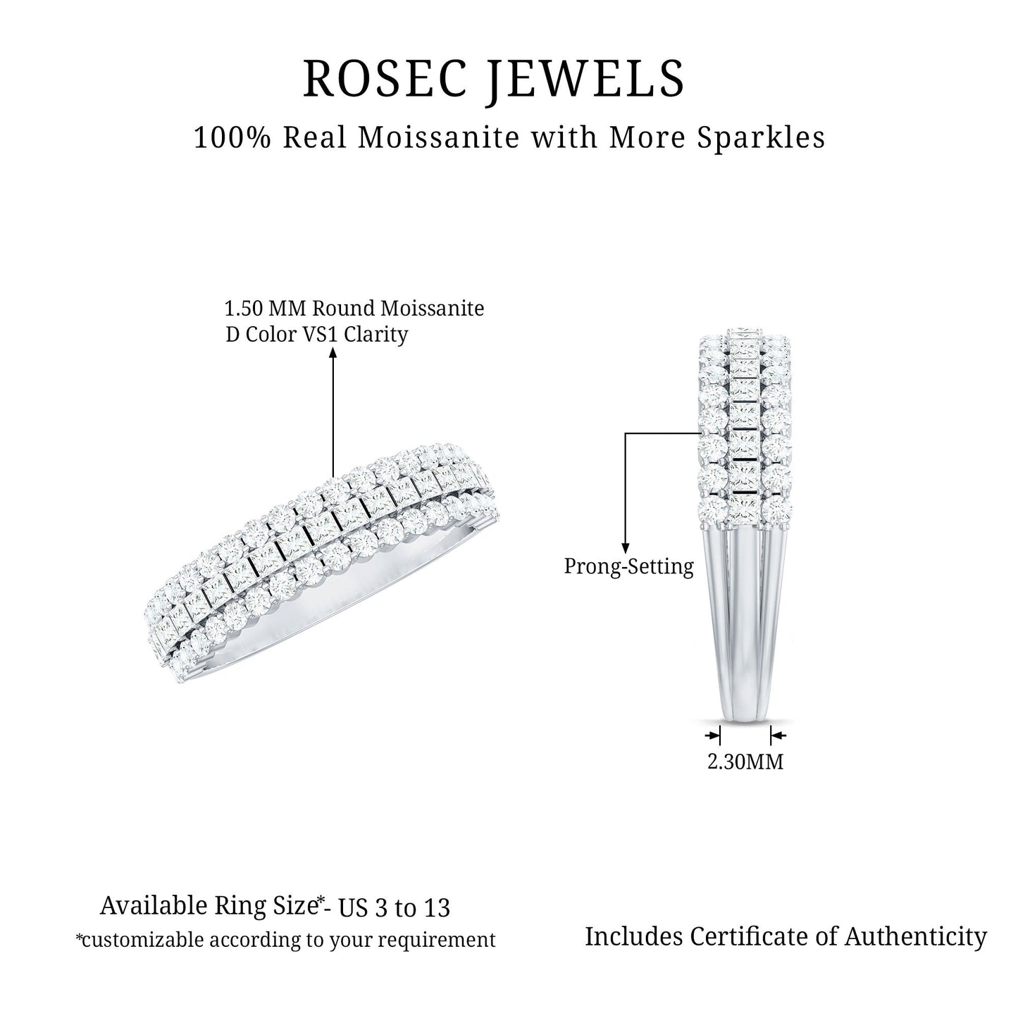 Classic Moissanite Three Row Wedding Band Ring