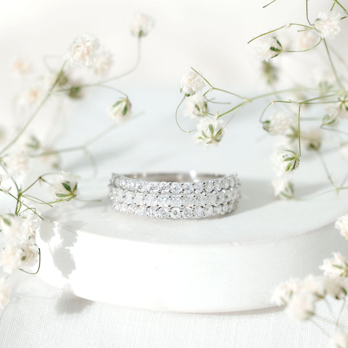 Classic Moissanite Three Row Wedding Band Ring