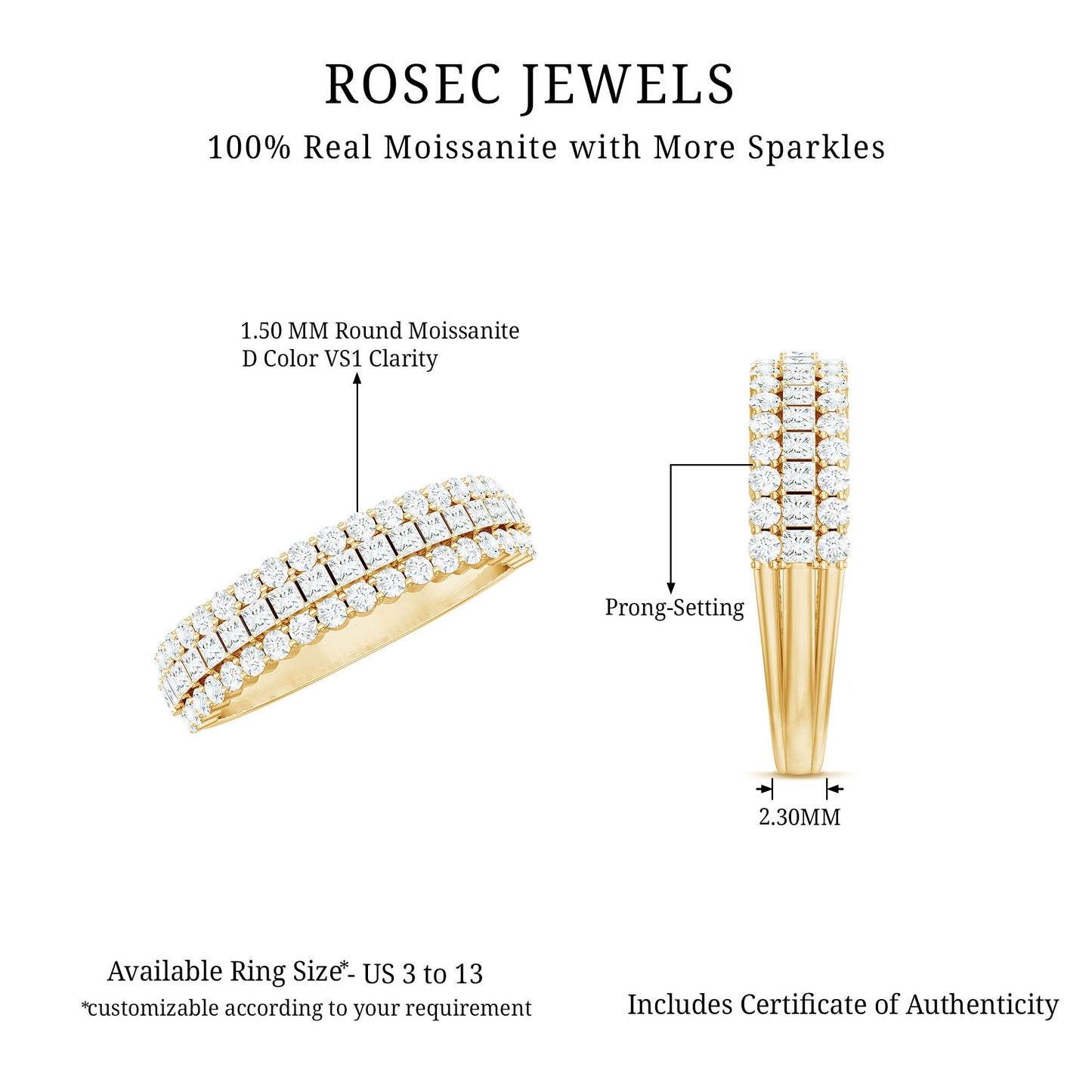 Classic Moissanite Three Row Wedding Band Ring