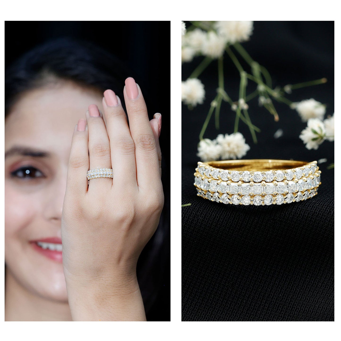 Classic Moissanite Three Row Wedding Band Ring