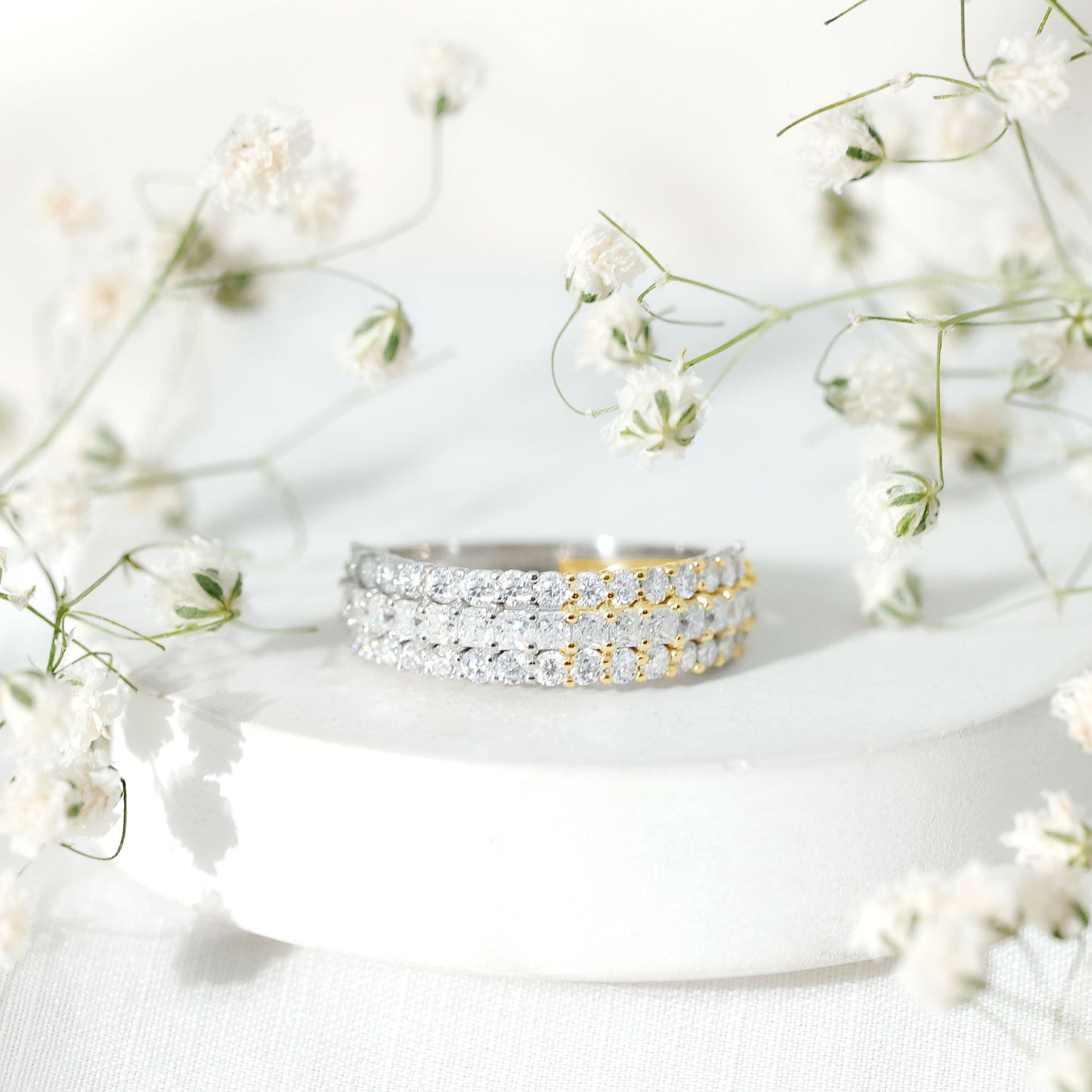 Classic Moissanite Three Row Wedding Band Ring