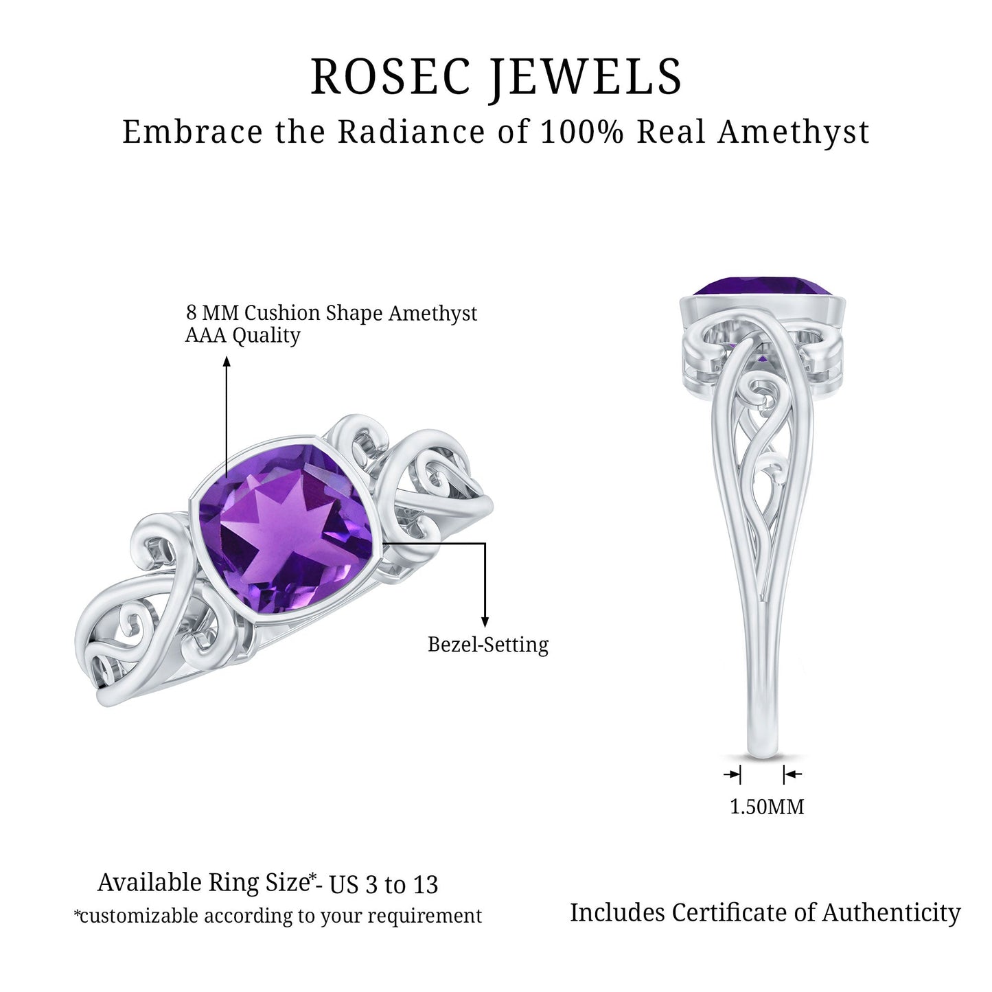 Vintage Style 2 Carat Amethyst Cushion Cut Engagement Ring in Bezel Set