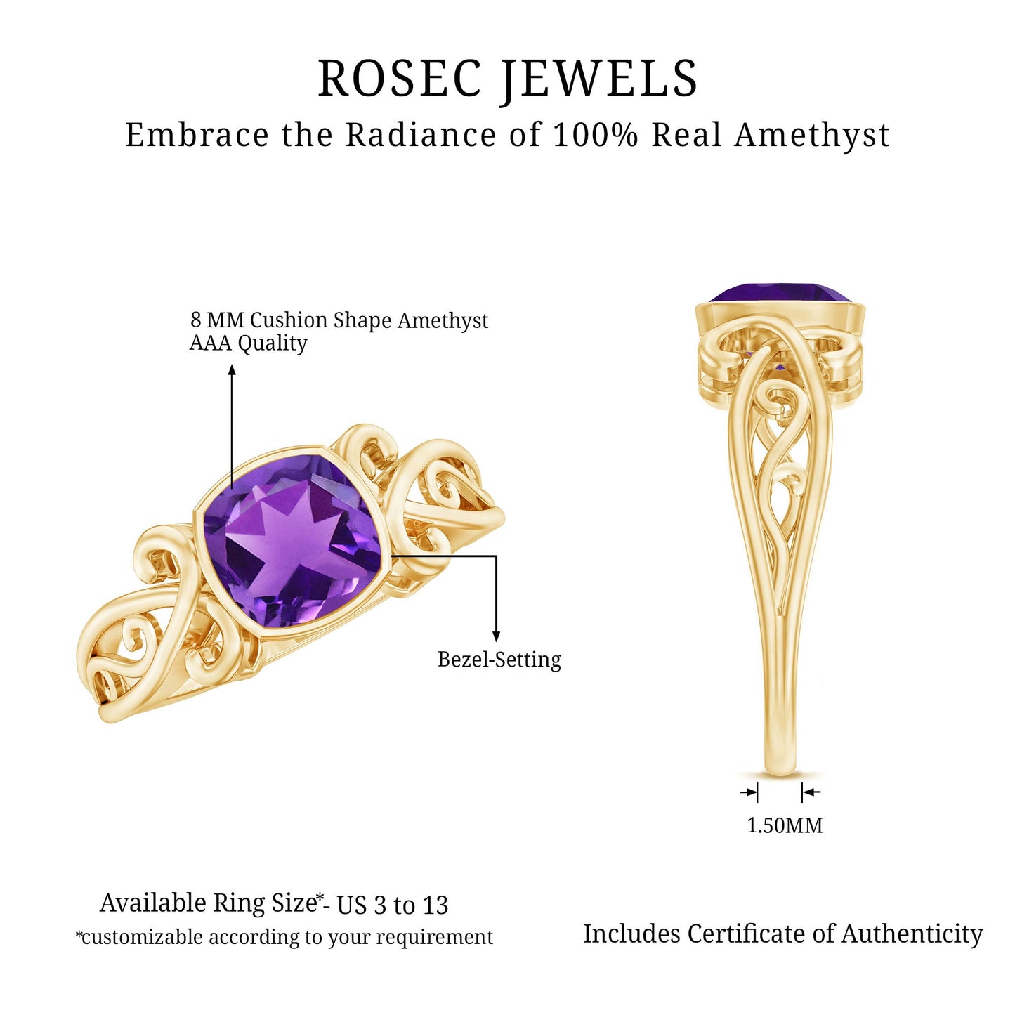 Vintage Style 2 Carat Amethyst Cushion Cut Engagement Ring in Bezel Set