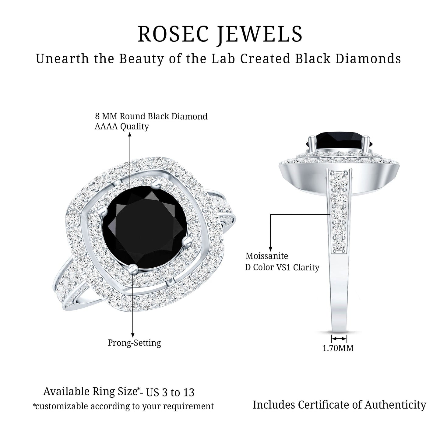 Certified 2 Carat Lab Grown Black Diamond Double Halo Engagement Ring with Moissanite