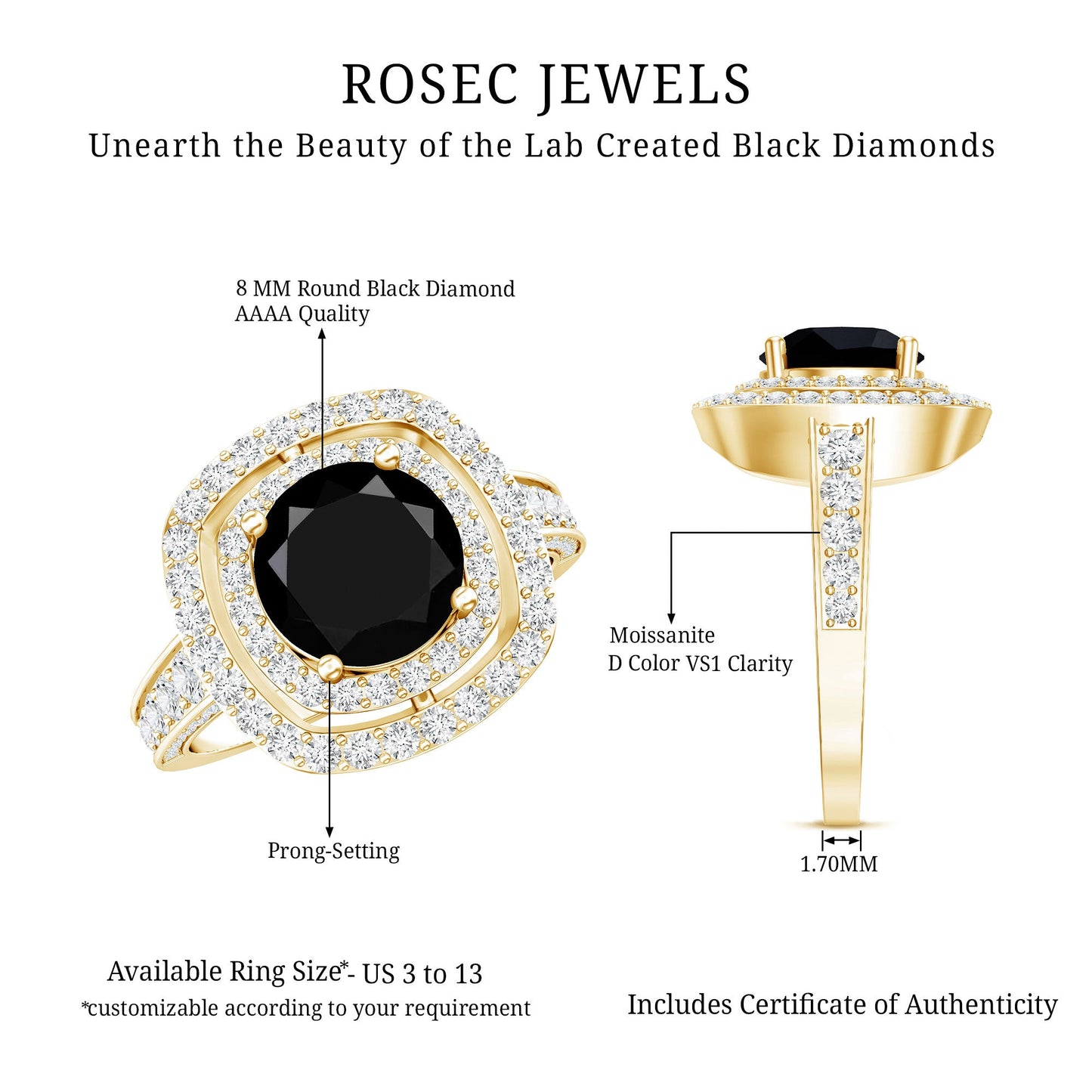 Certified 2 Carat Lab Grown Black Diamond Double Halo Engagement Ring with Moissanite