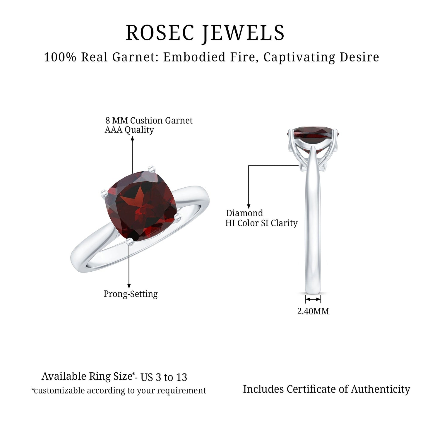 3.2 Carat Natural Garnet Cushion Cut Engagement Ring with Surprise Diamond