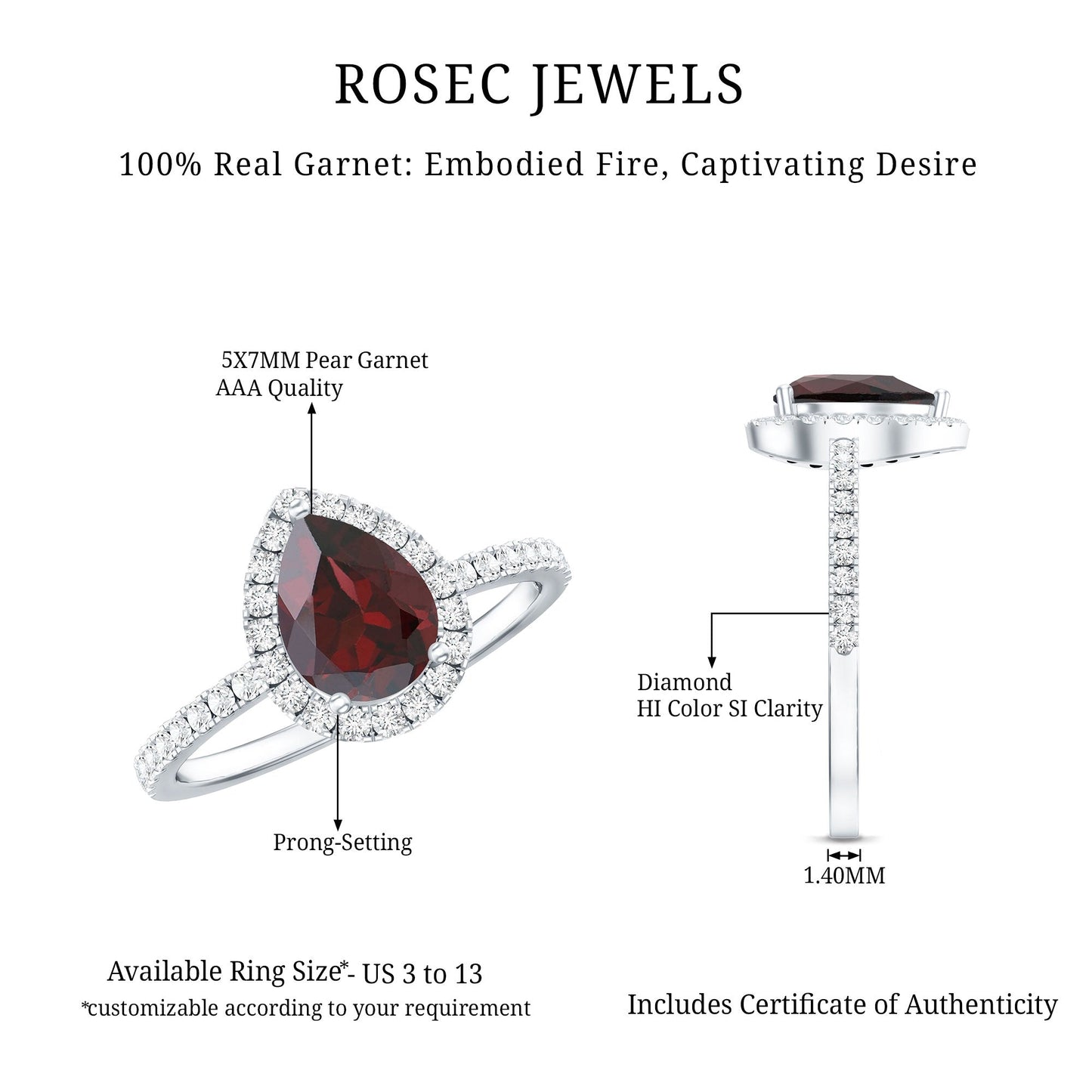 0.8 Carat Genuine Garnet Pear Shaped Engagement Ring with Diamond Halo