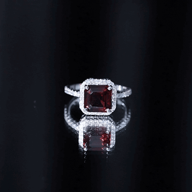 Natural 3.3 Carat Garnet Asscher Cut Engagement Ring with Diamond Halo