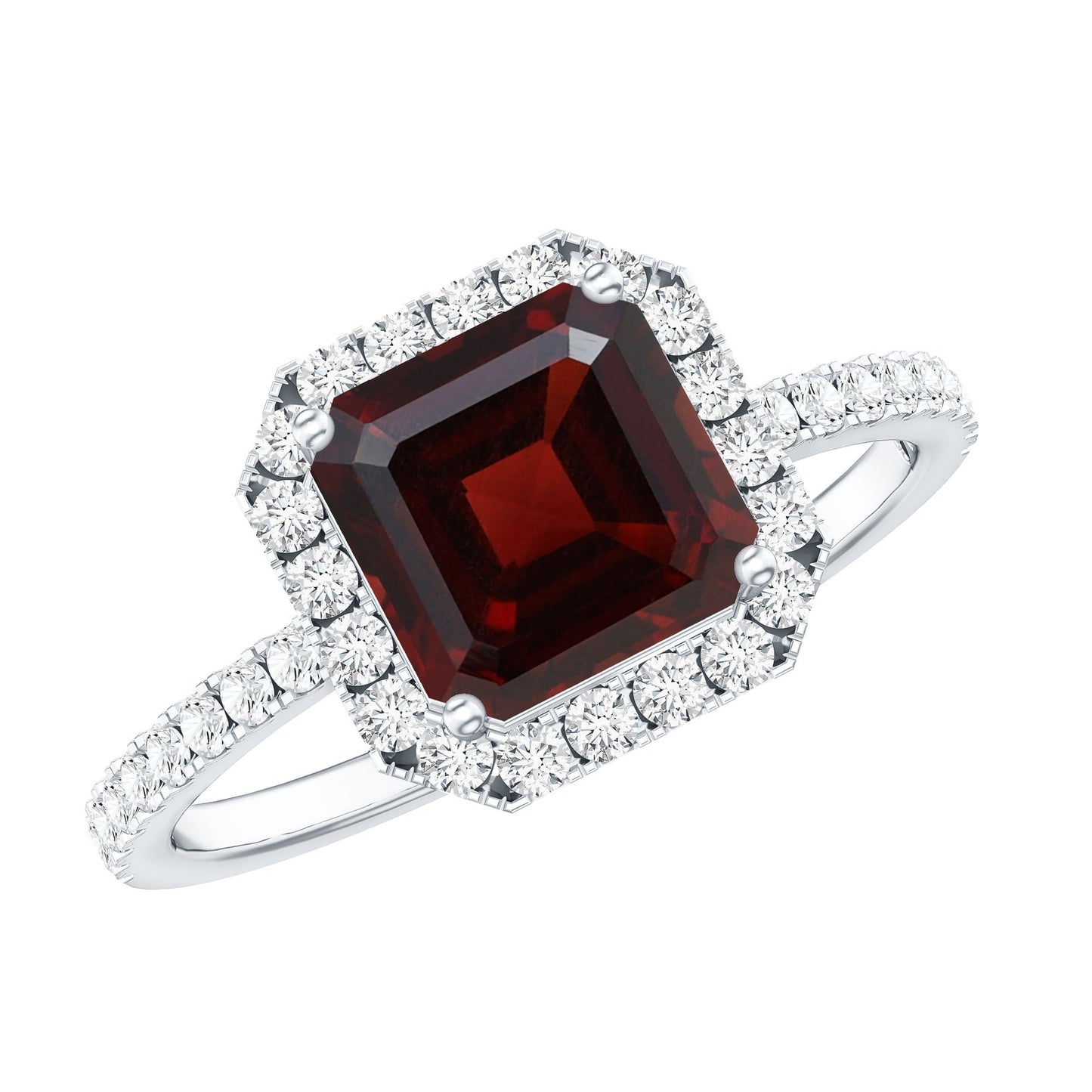 Natural 3.3 Carat Garnet Asscher Cut Engagement Ring with Diamond Halo