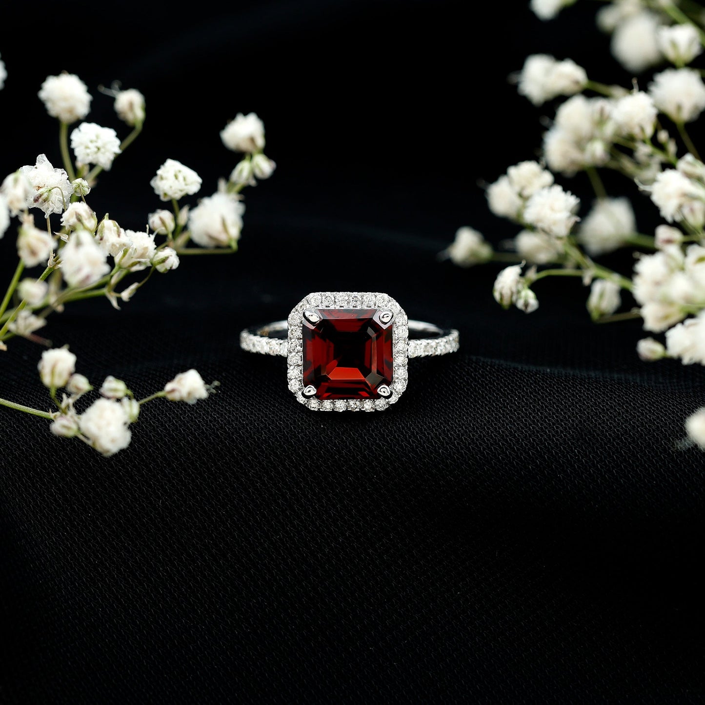 Natural 3.3 Carat Garnet Asscher Cut Engagement Ring with Diamond Halo