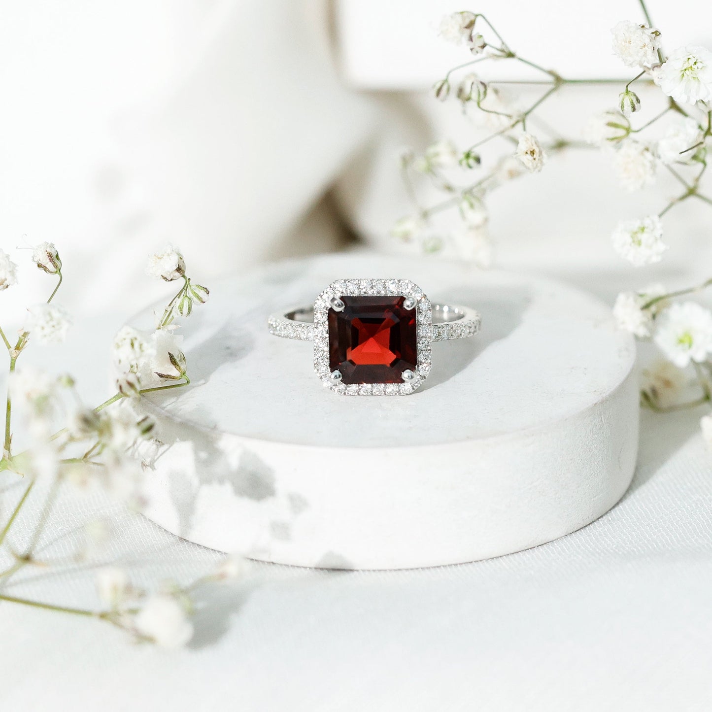 Natural 3.3 Carat Garnet Asscher Cut Engagement Ring with Diamond Halo