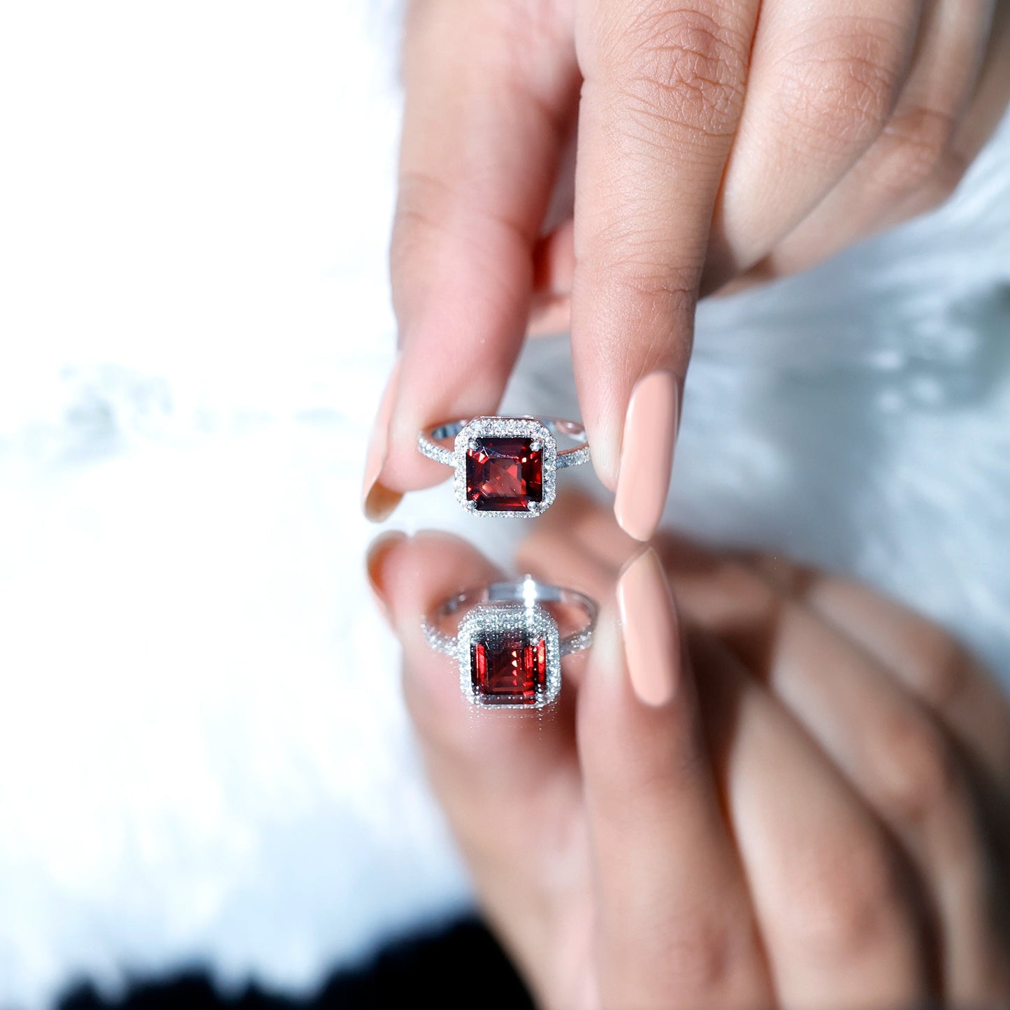 Natural 3.3 Carat Garnet Asscher Cut Engagement Ring with Diamond Halo