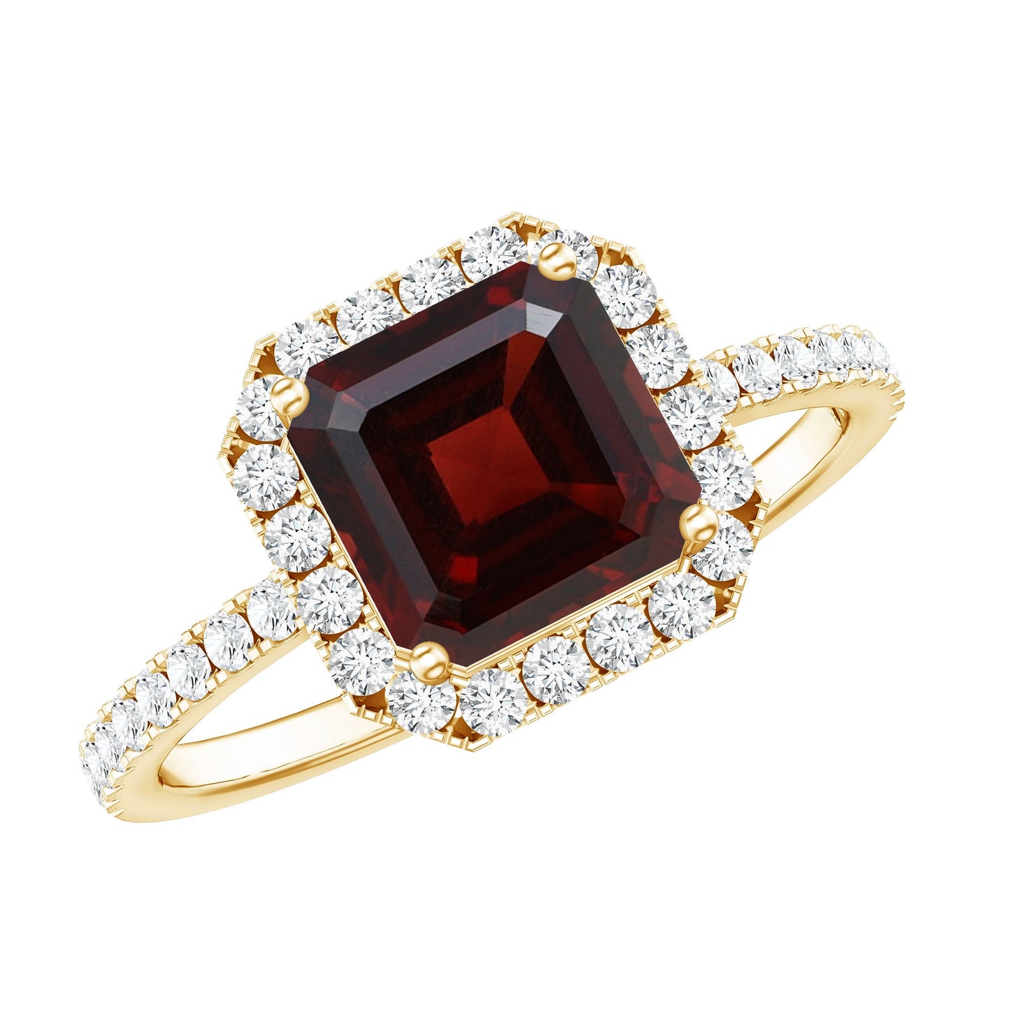 Natural 3.3 Carat Garnet Asscher Cut Engagement Ring with Diamond Halo