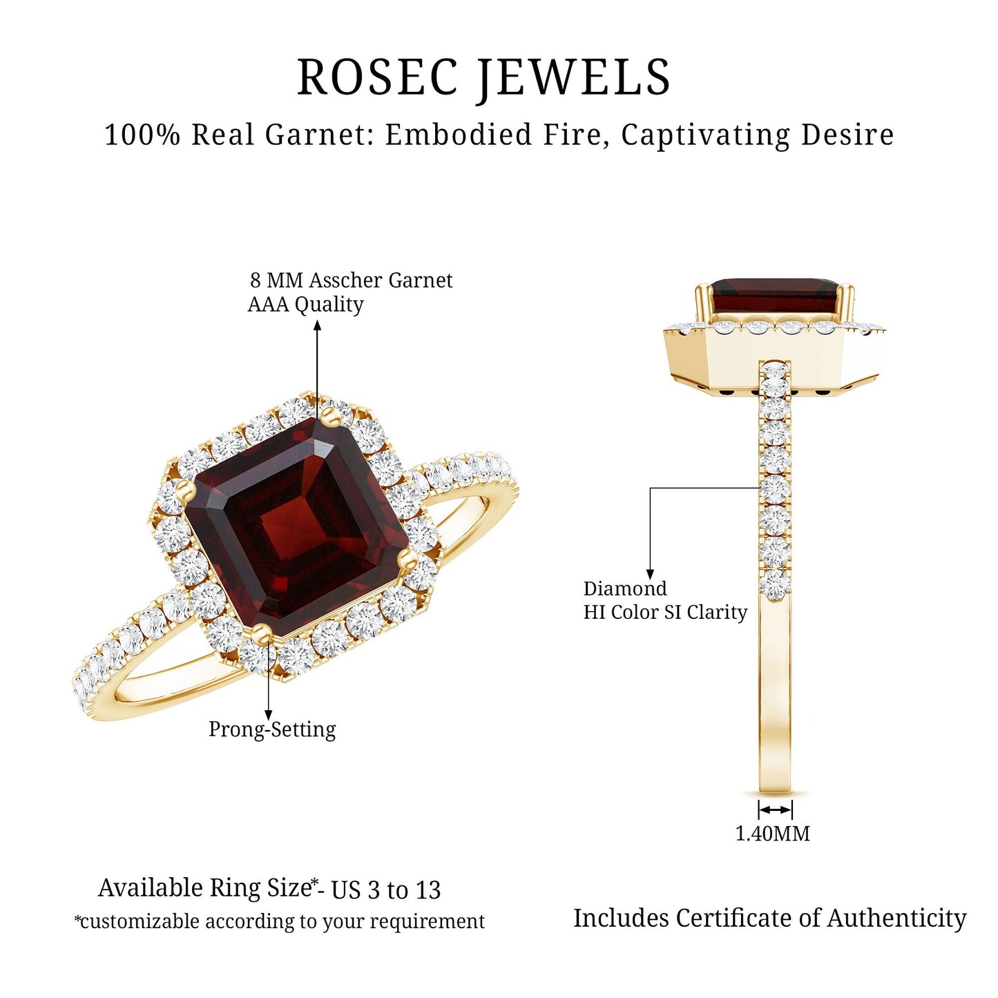 Natural 3.3 Carat Garnet Asscher Cut Engagement Ring with Diamond Halo