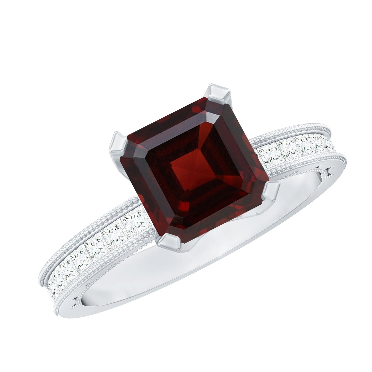 Natural 3.3 Carat Asscher Cut Garnet Engagement Ring with Diamond Side Stones