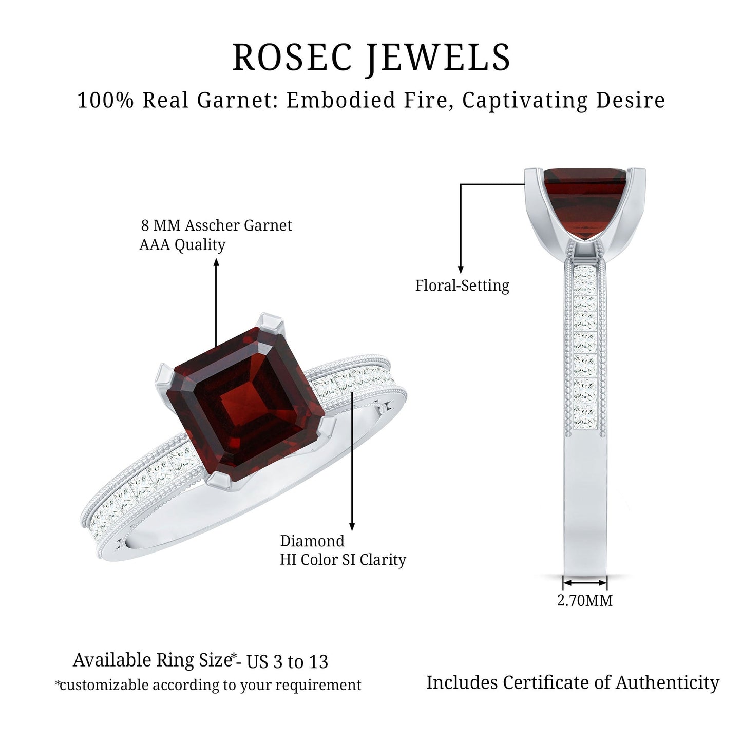 Natural 3.3 Carat Asscher Cut Garnet Engagement Ring with Diamond Side Stones