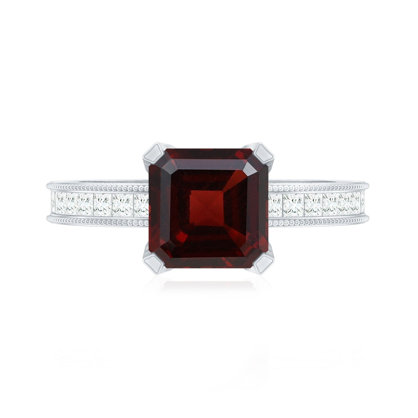 Natural 3.3 Carat Asscher Cut Garnet Engagement Ring with Diamond Side Stones