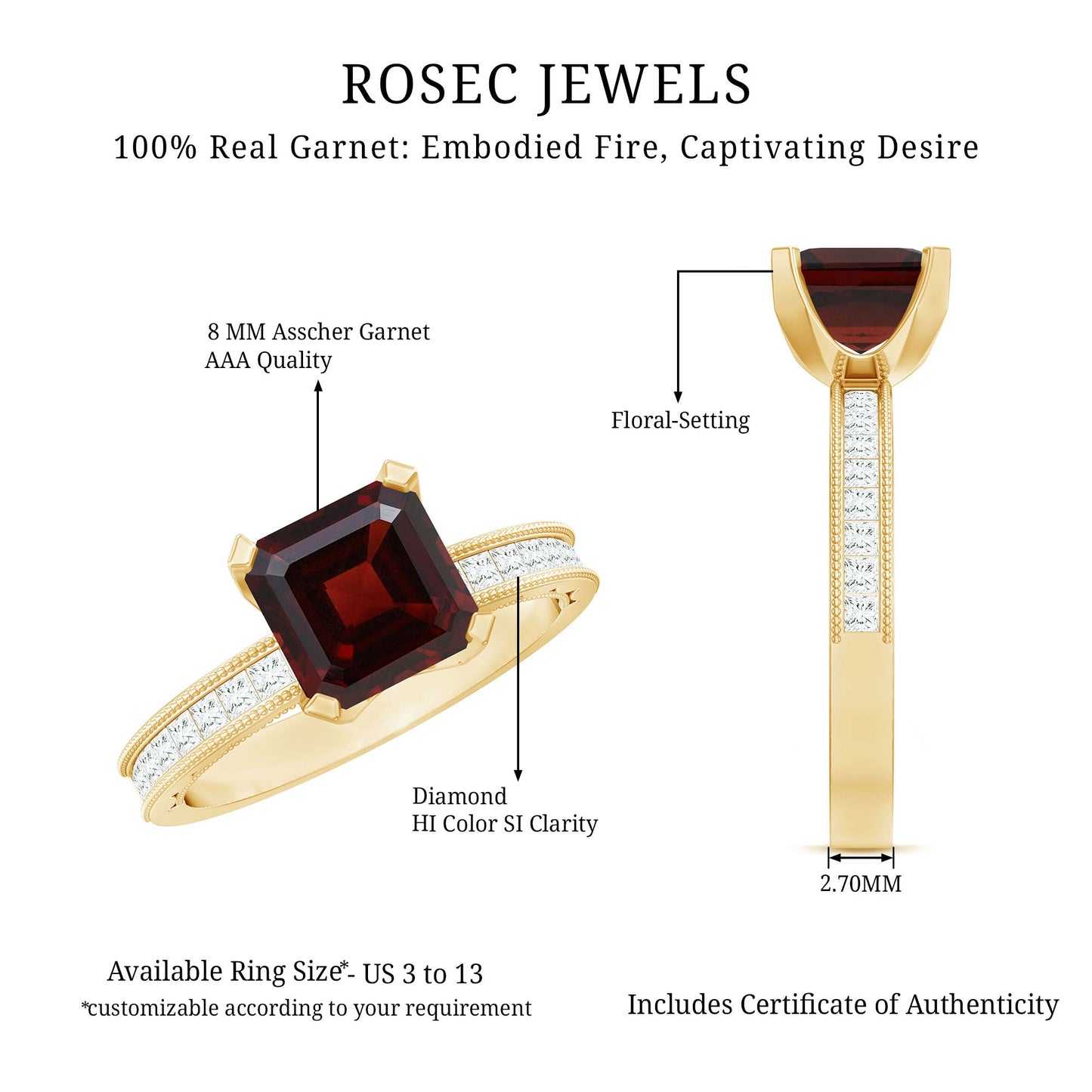 Natural 3.3 Carat Asscher Cut Garnet Engagement Ring with Diamond Side Stones