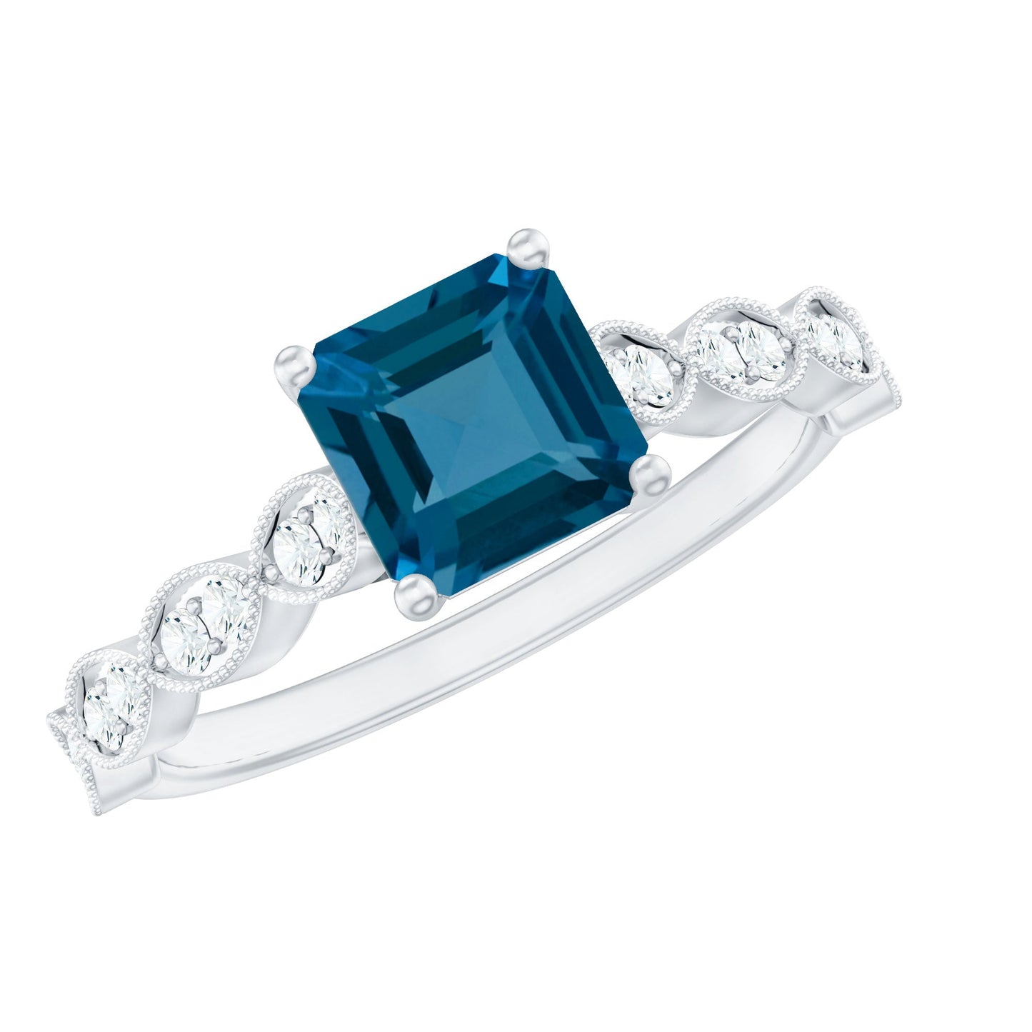 3 Carat Asscher Cut London Blue Topaz Designer Engagement Ring with Diamond