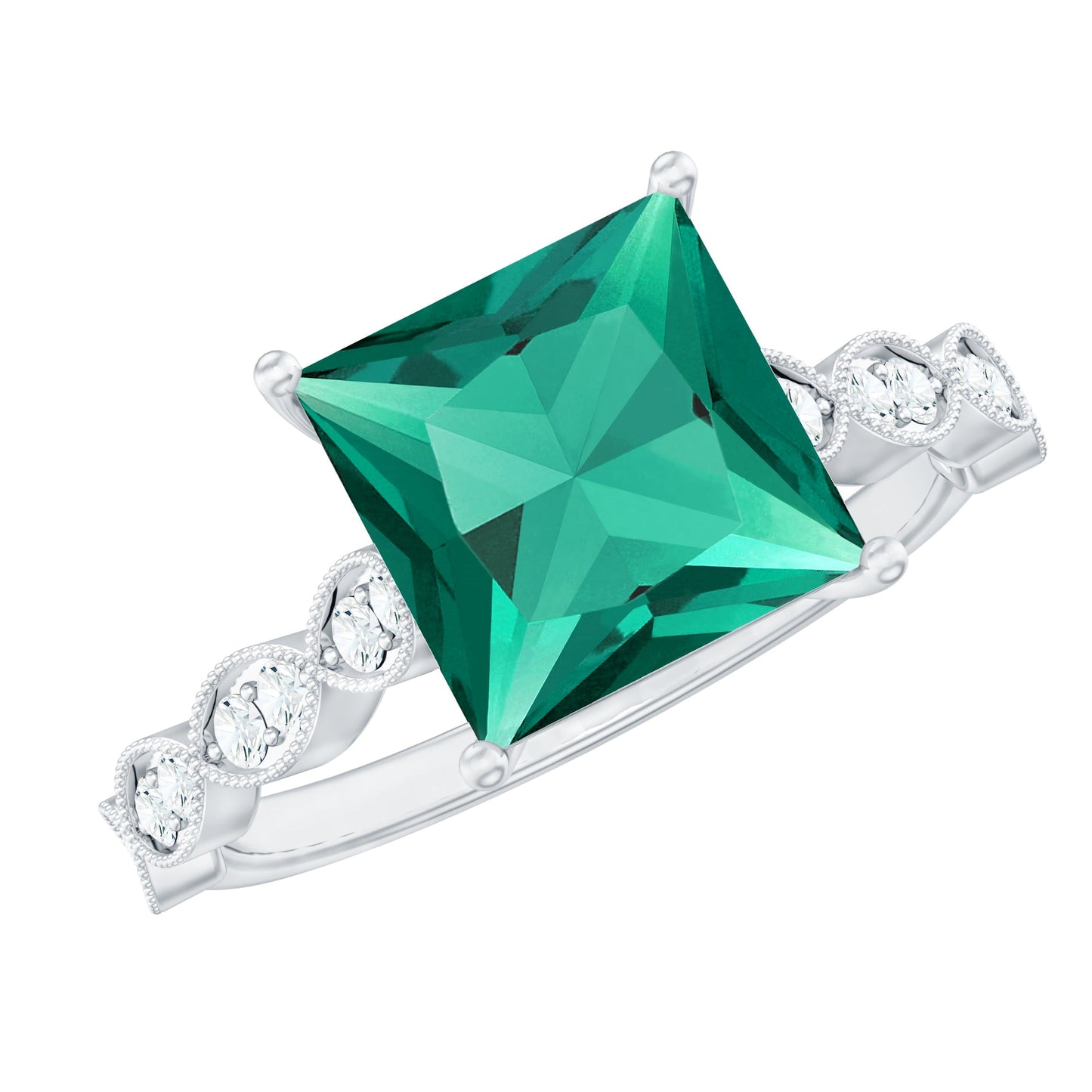 Certified 2.4 Carat Lab Grown Emerald Princess Cut Engagement Ring With Diamonds