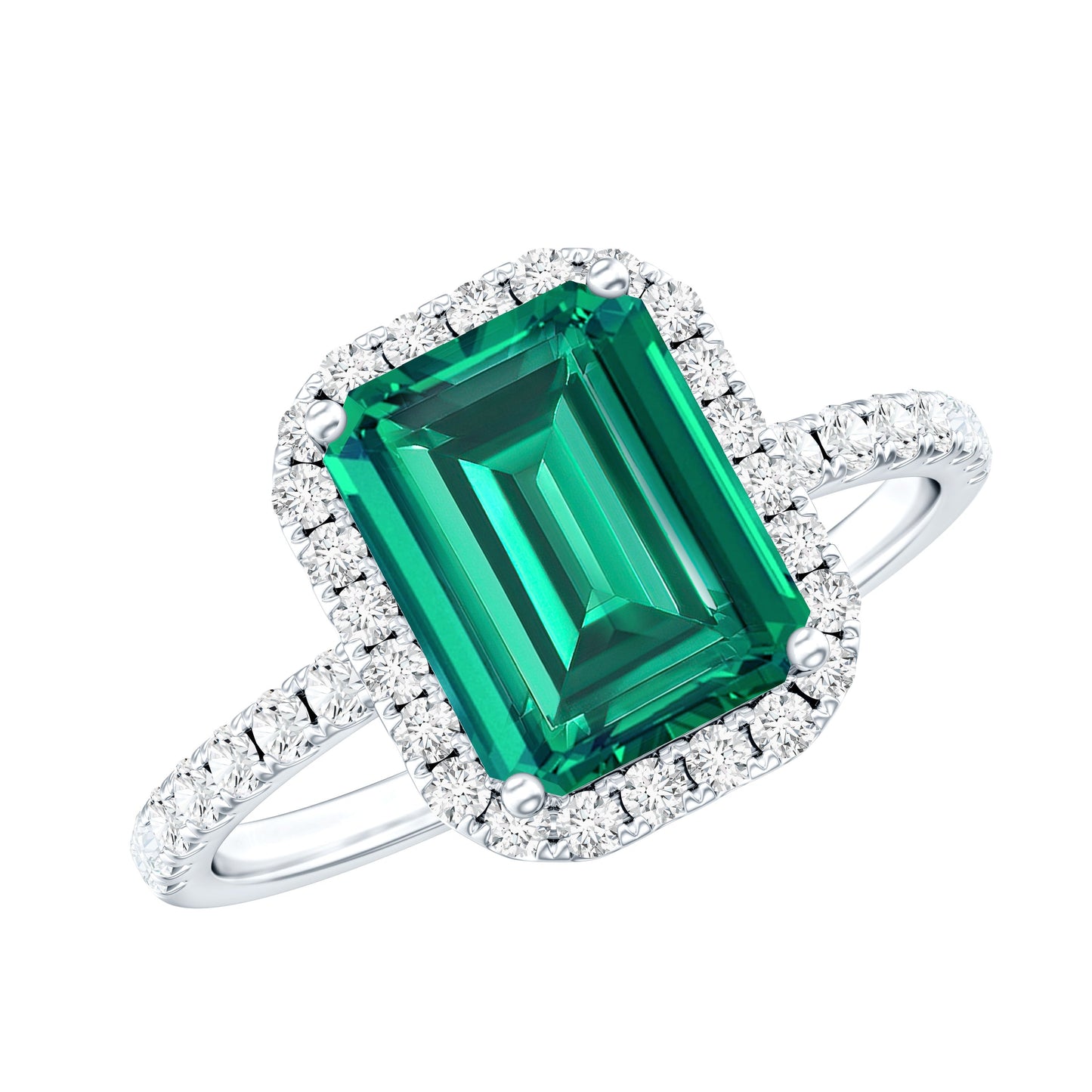 Octagon Cut Lab Grown Emerald Engagement Ring with Diamond