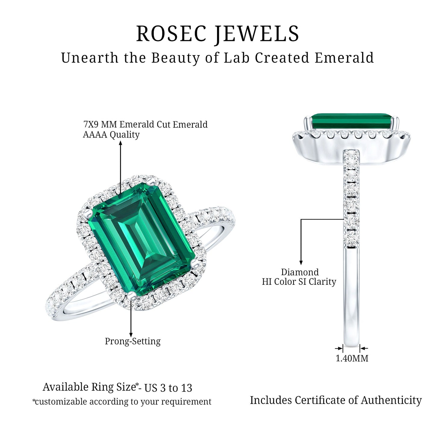 Octagon Cut Lab Grown Emerald Engagement Ring with Diamond