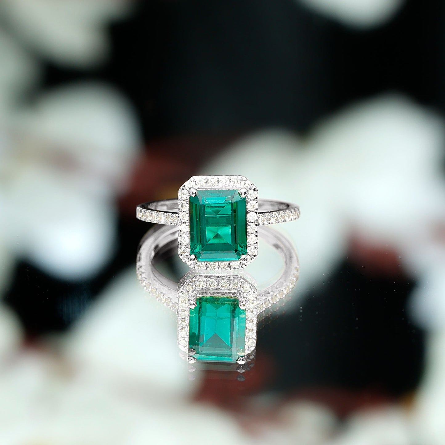 Octagon Cut Lab Grown Emerald Engagement Ring with Diamond