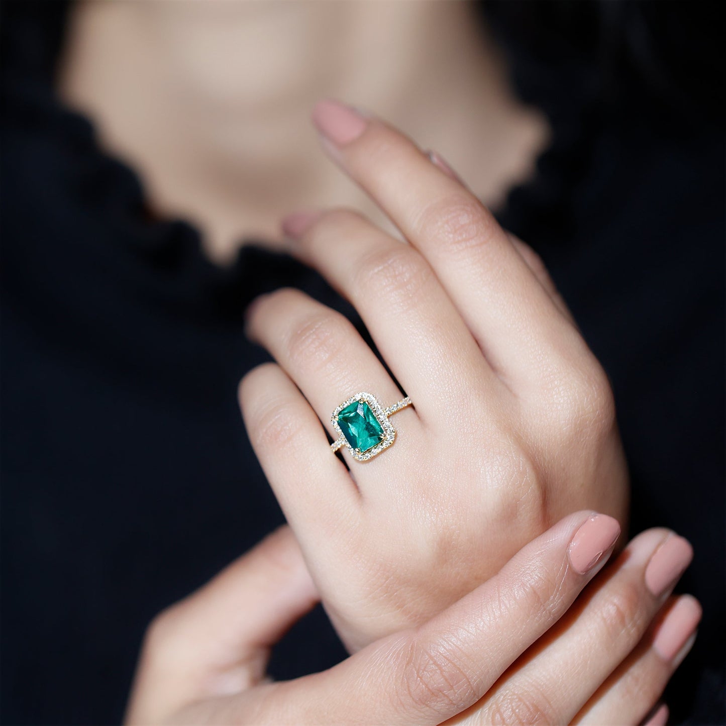 Octagon Cut Lab Grown Emerald Engagement Ring with Diamond