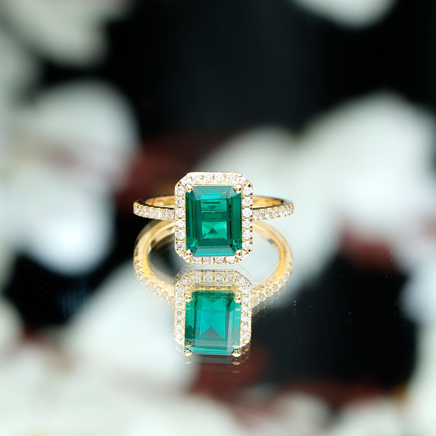 Octagon Cut Lab Grown Emerald Engagement Ring with Diamond