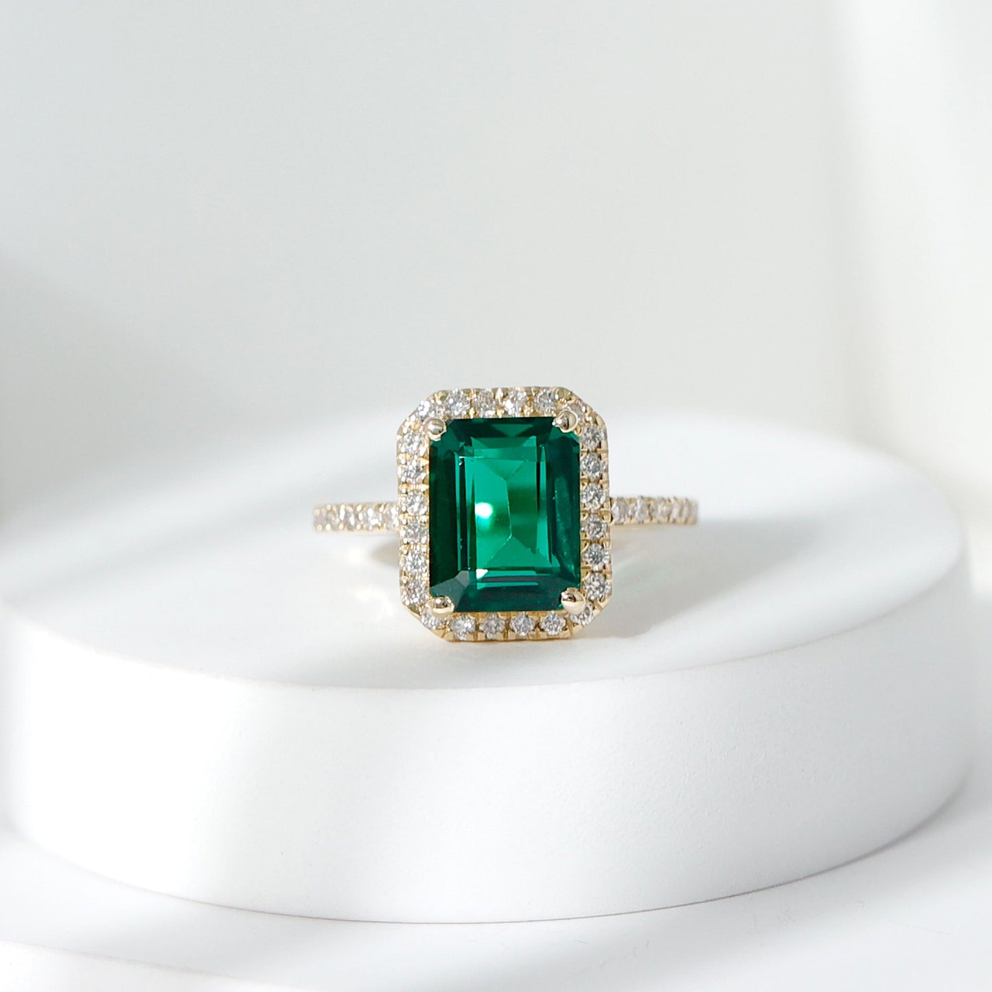 Octagon Cut Lab Grown Emerald Engagement Ring with Diamond