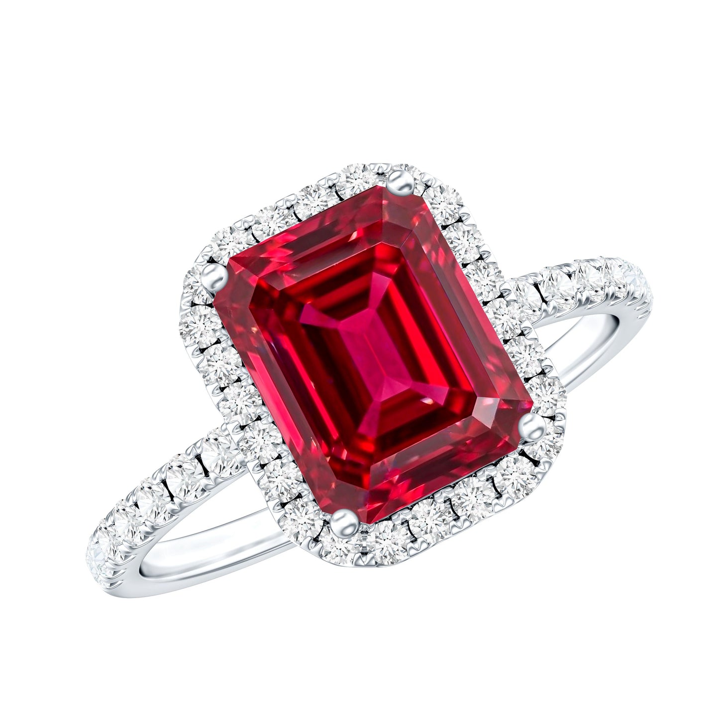 Lab Created Emerald Cut Ruby Engagement Ring with Diamond Halo