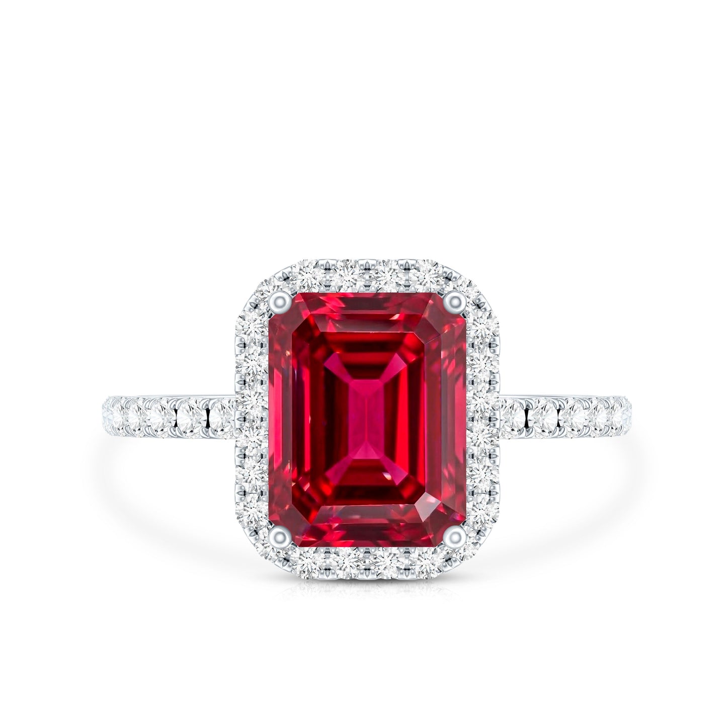 Lab Created Emerald Cut Ruby Engagement Ring with Diamond Halo