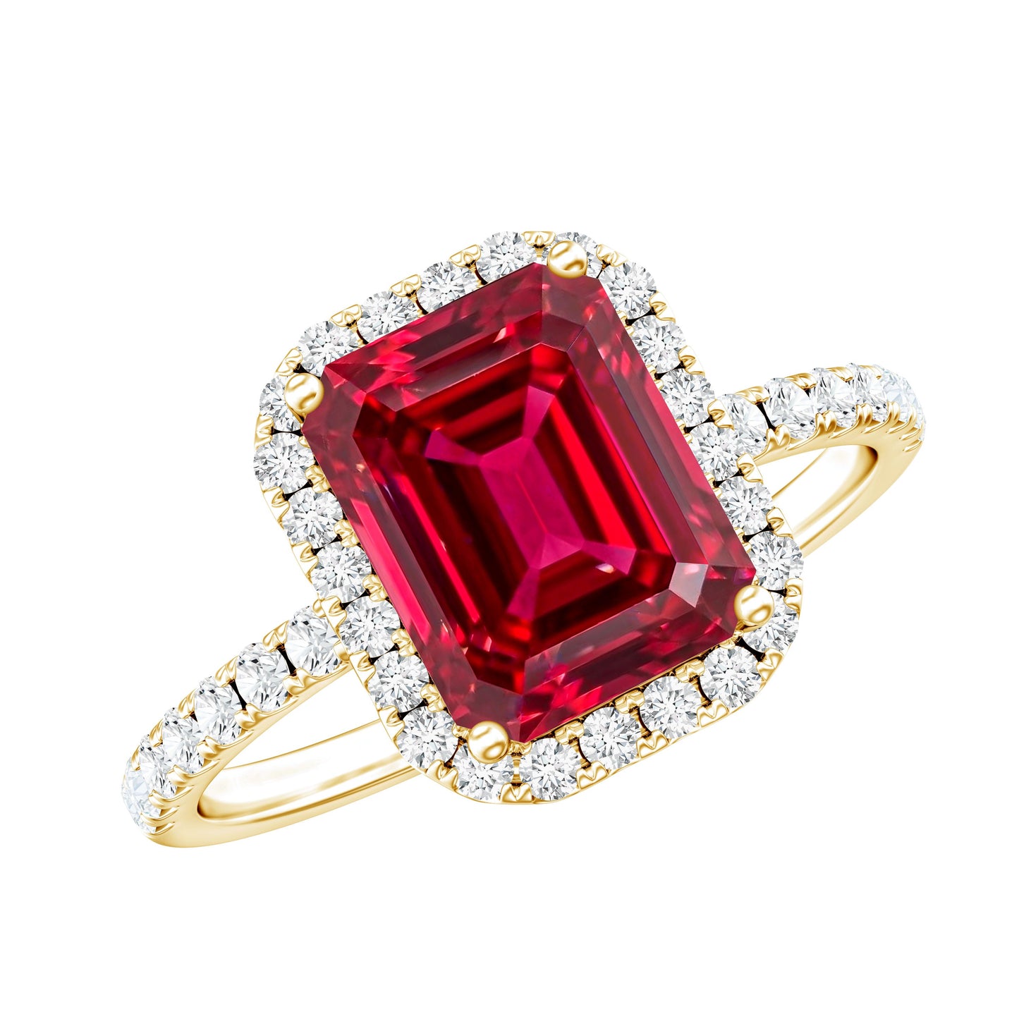 Lab Created Emerald Cut Ruby Engagement Ring with Diamond Halo