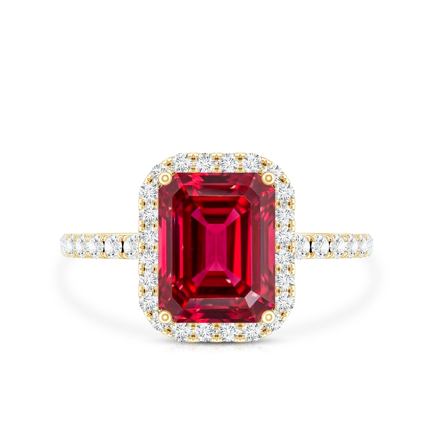 Lab Created Emerald Cut Ruby Engagement Ring with Diamond Halo