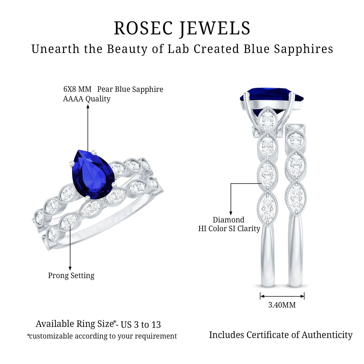 1.6 Carat Pear Lab Grown Blue Sapphire Engagement Ring with Diamond Band
