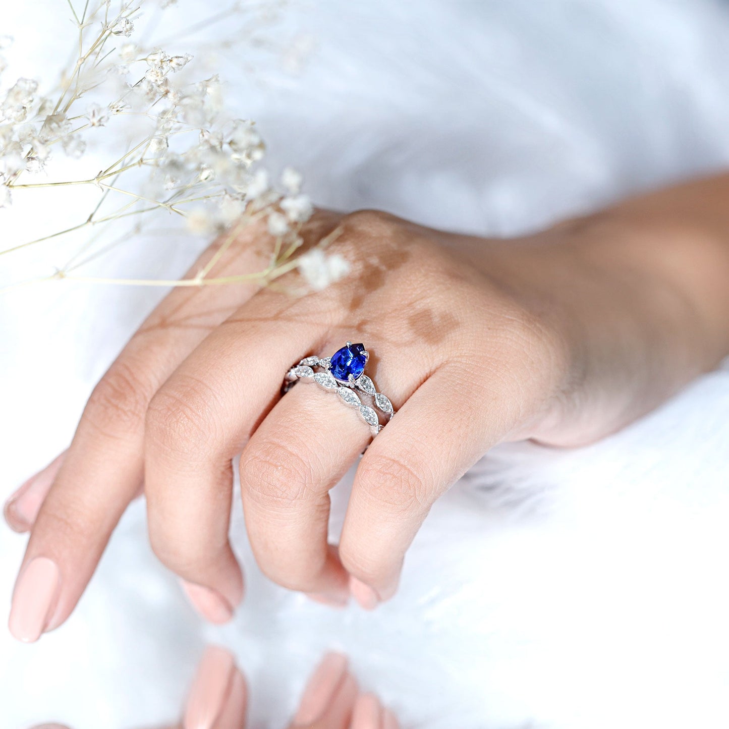 1.6 Carat Pear Lab Grown Blue Sapphire Engagement Ring with Diamond Band