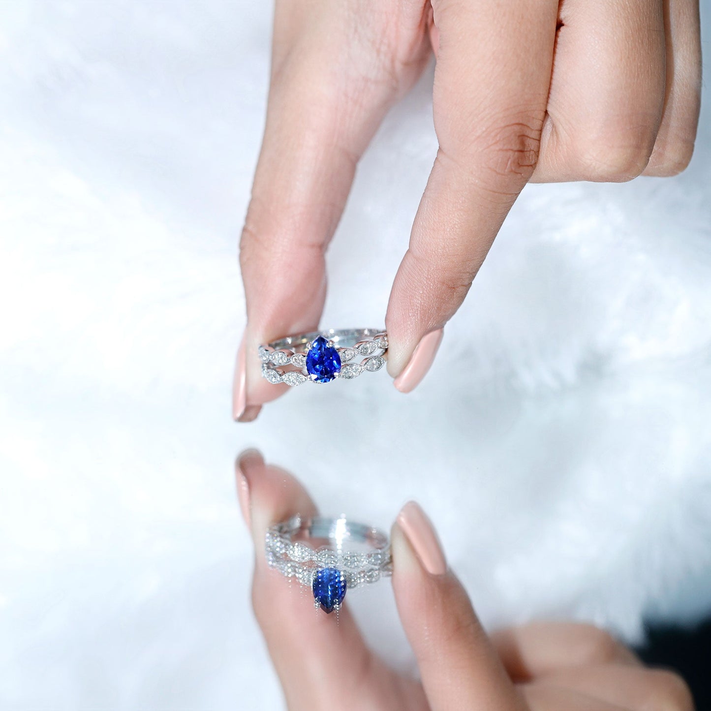 1.6 Carat Pear Lab Grown Blue Sapphire Engagement Ring with Diamond Band