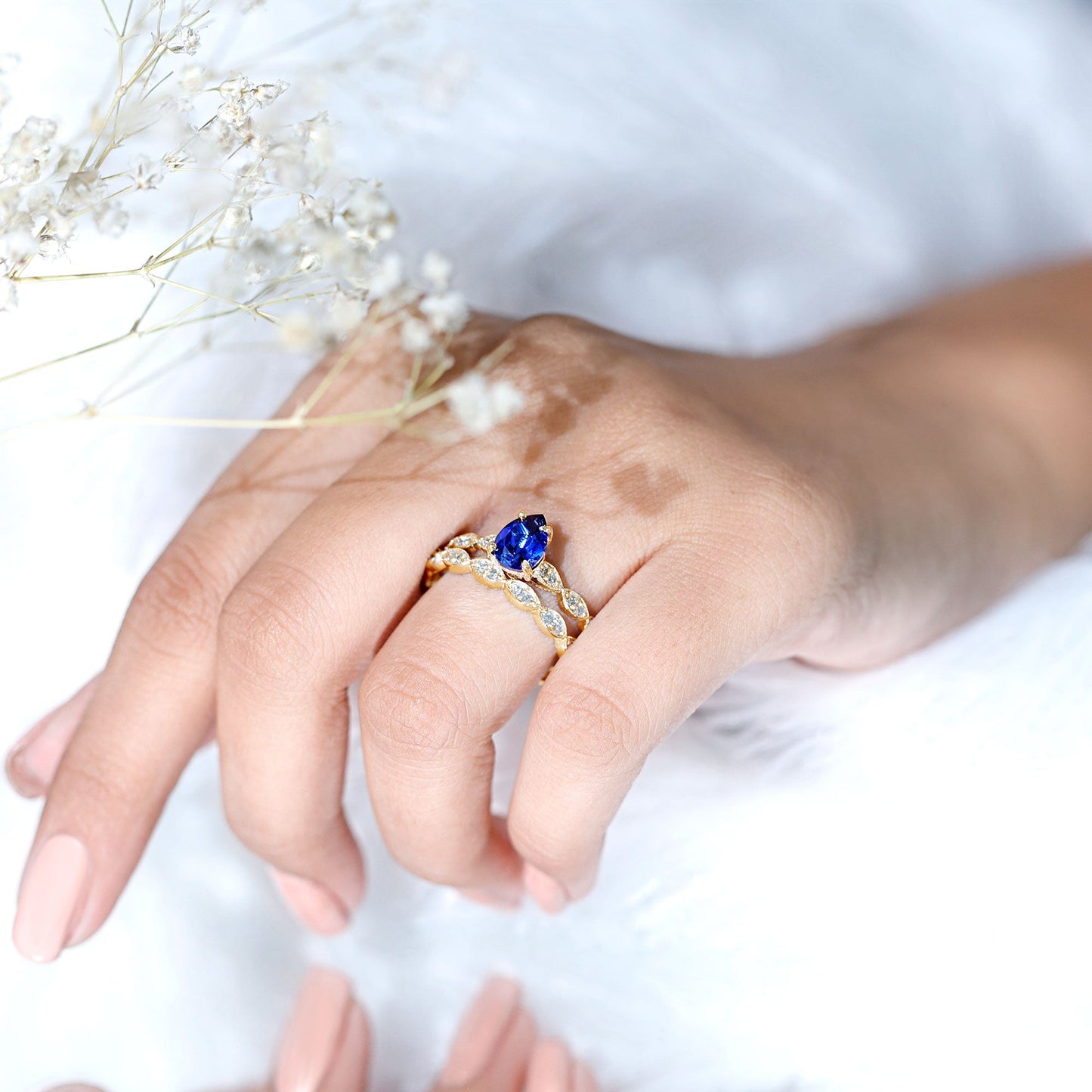 1.6 Carat Pear Lab Grown Blue Sapphire Engagement Ring with Diamond Band