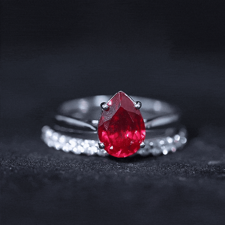 Pear Shape Created Ruby Solitaire Wedding Ring Set with Moissanite